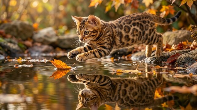 Bengal Cat Kitten Rosette Pattern Playing Freeze Reflection In Water Or Mirror Surface Composition Studio Strobe Warm Autumn Leaf-Filtered Afternoon Sidelight