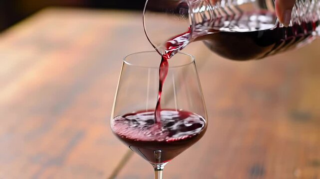graceful hand pours crimson red wine from crystal decanter into elegant glass on blurred rustic wood, creating frothy bubbles in super slow-motion with warm golden hour light. concept of