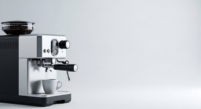 Coffee machine placed on one side with large copy space, clean background and soft lighting, minimal composition ideal for advertising, product promotion, and branding concept.
