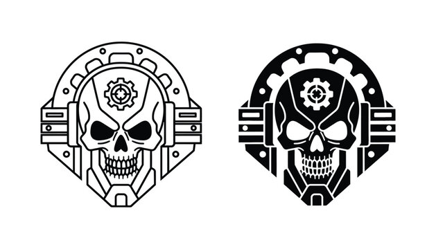 Mechanical skull icon set featuring gears and headset details in both outline and solid black versions for dark tech or gaming clan branding in a high quality vector graphic design format