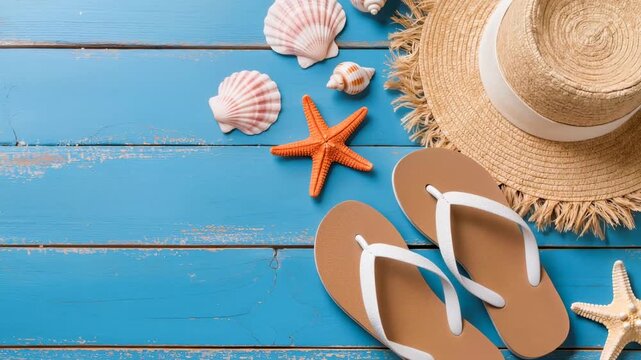 Summer beach accessories with flip-flops, straw hat and seashells on blue wooden background, top view vacation travel concept