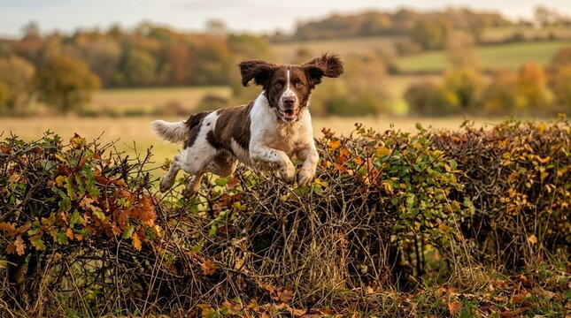 English Springer Spaniel Leaping over Hedgerow - Direct Gaze in Autumn Sidelight