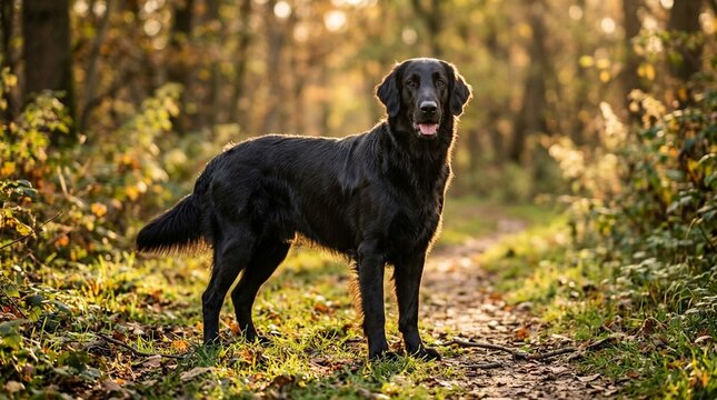 Glossy Black Flat-Coated Retriever Full Body Portrait - Rim Glow Action in Golden Hour