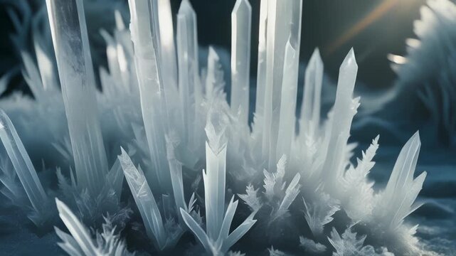 極低温で成長する霜柱結晶の幻想的な冷光背景