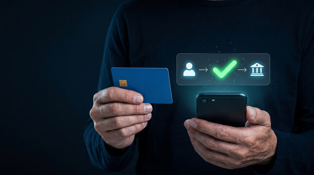 Man holding credit card and smartphone with virtual banking interface, secure online payment and money transfer concept, digital financial transaction with check mark icon