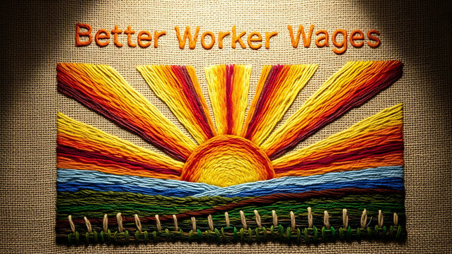 A vibrant sunrise scene with a fence and Better Worker Wages slogan on a wall with a colorful artwork.