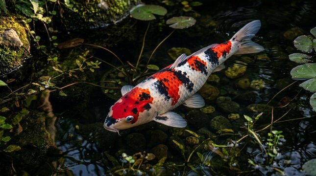Koi Fish Taisho Sanke Three-Colour Pattern Overhead Pond Three-Quarter Angled Body Portrait Golden Hour Sidelight Deep Shade With Single Catchlight In Eye From Window