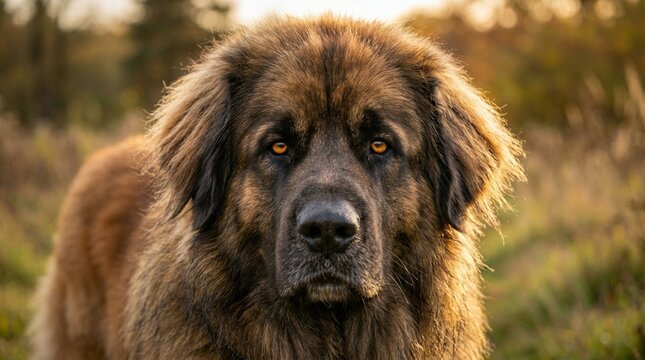 Leonberger Lion-Like Mane Face Portrait Amber Eyes Close Three-Quarter Angled Body Portrait Studio Key Light Harsh Afternoon Sun Rim-Lighting Fur From Behind