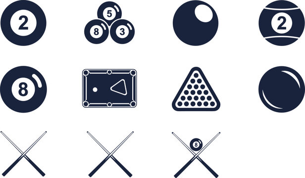 Billiards pool glyph icons set, cue ball table rack vector illustration, sports game symbols, editable stroke, graphic design asset