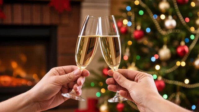 Christmas toast with champagne flutes held by two people near cozy fireplace and decorated tree with lights, festive holiday celebration