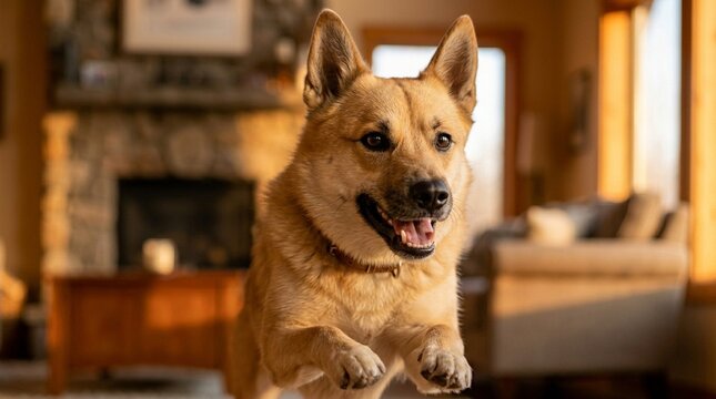 Norwegian Buhund Face Portrait Wheaten Upright Ear Close Jumping Or Leaping Freeze-Frame Full Extension Warm Indoor Ambient Late Afternoon Orange Sidelight Long Warm Shadows