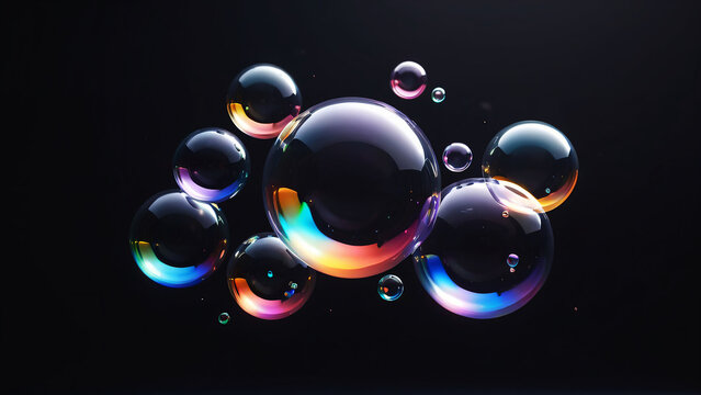 Floating Soap Bubbles Cluster on Dark Background