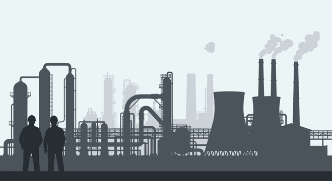 Two engineers standing in front of a large industrial factory.