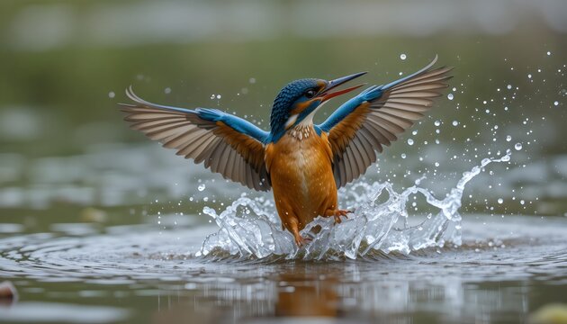 kingfisher diving, bird catching fish, water splash bird, wildlife action shot, kingfisher hunting fish, colorful bird wings, bird diving river, nature wildlife photography, fast bird motion, kingfish
