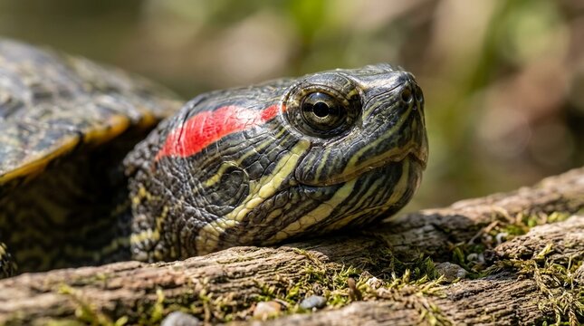 Red-Eared Slider Turtle Face Portrait with Red Ear Stripe - Saturated Midday Sun Portrait
