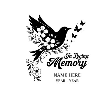 In Loving Memory Dove Floral SVG File, Memorial Bird Butterfly Name Date Tribute Vector Design