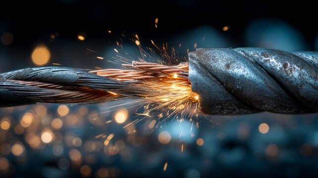 Dynamic close-up of a twisted steel cable with sparks flying from the frayed ends highlighting strength and tension in metal work. Generative AI