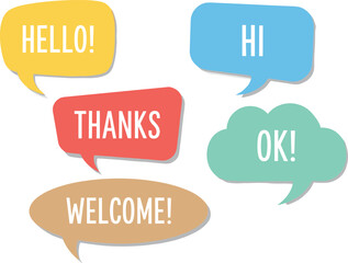Colorful speech bubbles set, hello hi thanks welcome ok greetings icons, communication design, vector illustration, typography graphic asset © Hello World