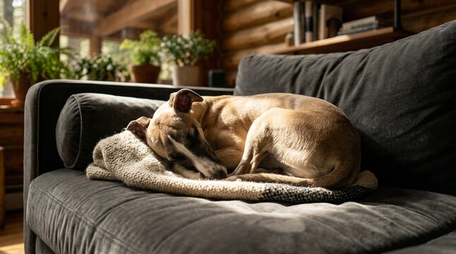 Whippet Sleeping Curled Tight On Sofa Peacefully Close Overhead Low Ground-Level Angle Eye-Level Perspective Warm Indoor Ambient Forest Dappled Shaft Of Light Isolating Subject