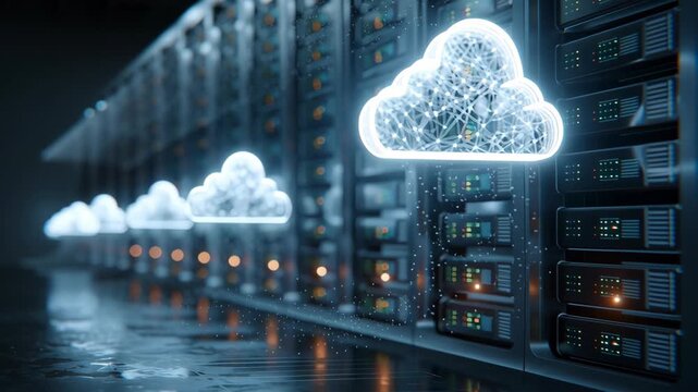 Server room with glowing blue neon cloud symbol on modern data center. Computing network. Futuristic digital technology. Data cloud storage, mining farm. Database, AI processing solutions, Internet