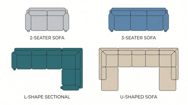 Top Down Flat Vector Living Room Elements Set Featuring two seat sofa, three seat sofa, corner sectional L shape sofa, U shaped sofa symbols