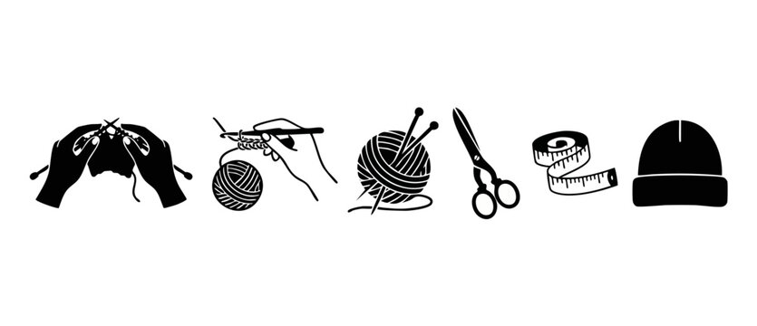 Knitting and Crochet Icon Set - Handiwork Craft Tools and Accessories Vector Collection for Needlework Projects, Hobbies, DIY Fashion Design and Apparel Manufacturing Elements in Black and White Silho