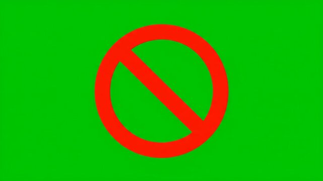 A dynamic red prohibition symbol animates into view on a bright green screen, perfect for warning or restriction overlays. Ideal for various digital projects requiring a clear 'no' or 'stop' visual.