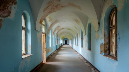 Fototapeta premium Abandoned corridor with peeling paint and arches
