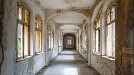 Obraz premium Abandoned corridor with arched windows and peeling walls