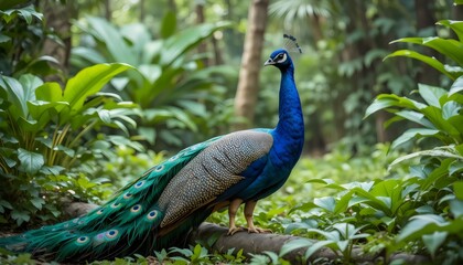 Naklejka premium Blue Peacock in Tropical Garden South India, Male Peafowl with Colorful Eye-Spotted Tail Feathers, Exotic Bird Wildlife Photography