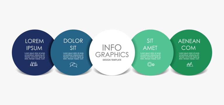 Modern business infographic template with five overlapping colorful circles and icons for process presentation and web design. Vector illustration.