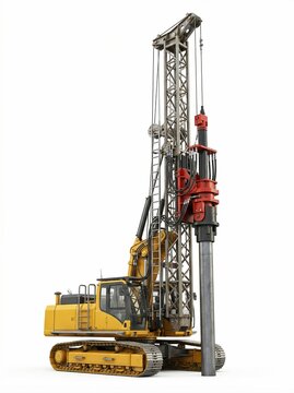Heavy duty yellow rotary drilling rig for deep foundation construction isolated on white background.