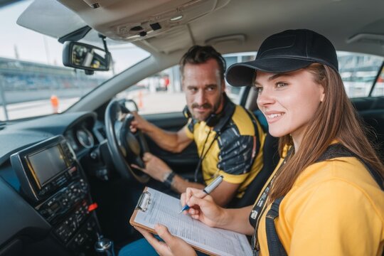 Dynamic team preparing for a race in a modern car. The driver and co-driver are focused and ready for an exciting day on the track. Generative AI
