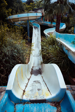 Abandoned waterslide overgrown by nature