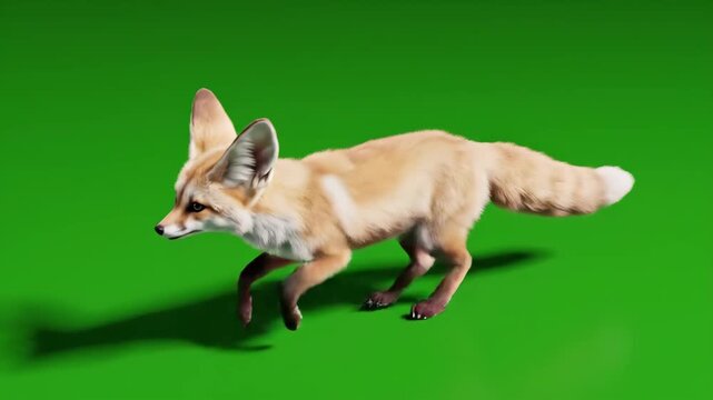 A fennec fox runs across a green screen, perfect for VFX, compositing, and educational content.