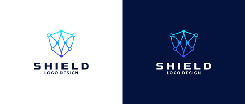 Shield logo design with network connection logo combination.