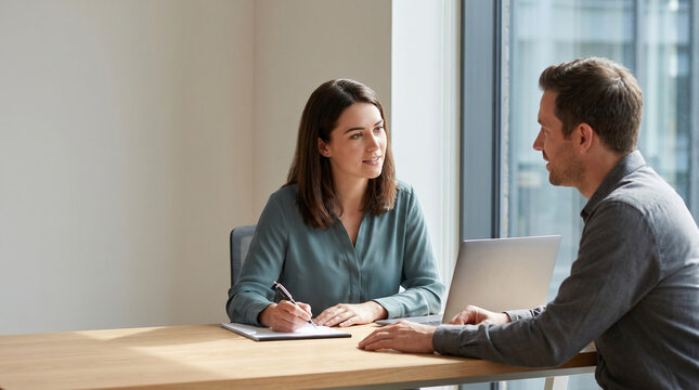 Professional woman conducting job interview with male candidate in office, HR manager listening to employee during performance review, business meeting and career consultation concept