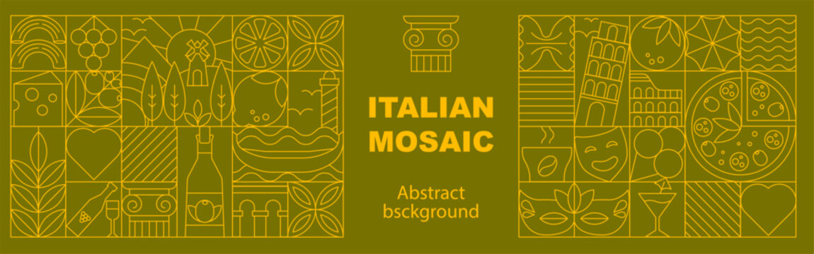 Art deco Italian symbol seamless pattern with geometric mosaic line art, cultural banner