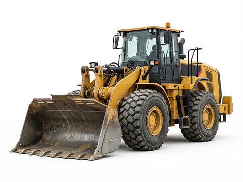 Yellow industrial wheel loader front view on white background.