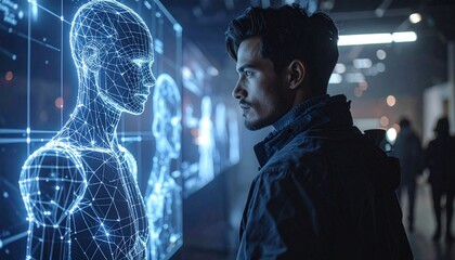 Obraz premium Man interacting with digital avatar futuristic technology concept