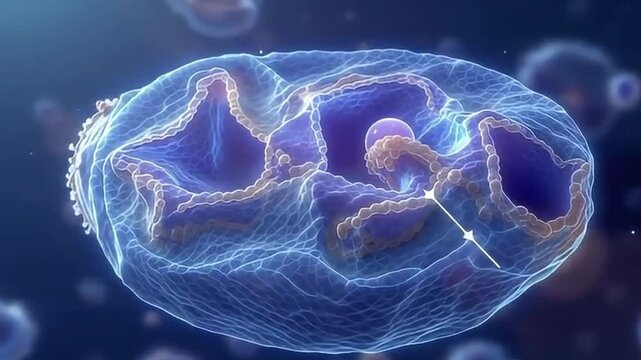 A detailed 3D illustration of a mitochondrion, the powerhouse of the cell, showcasing its inner membrane folds and matrix.