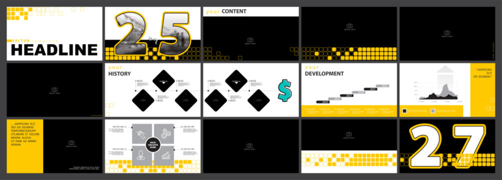 Business presentation template. Set, infographic elements, black, yellow design, white background. Office building, flyer, corporate annual report, powerpoint. Photo slideshow icon Vector illustration
