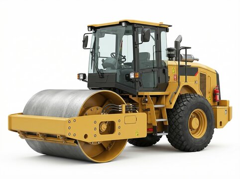 Yellow single drum vibratory road roller isolated on white background construction equipment for soil compaction.
