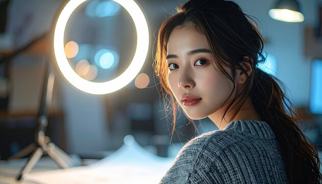 Woman with illuminated ring light and focused expression indoors studio portrait