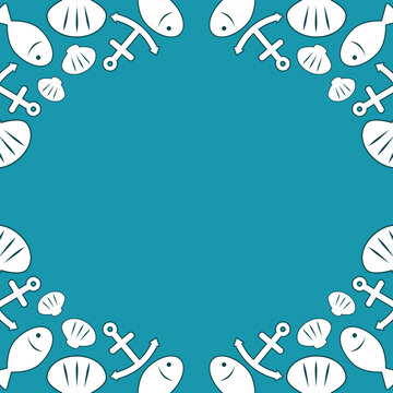 Nautical Sea Life Border With Anchors, Shells and Fish on Teal Summer Background