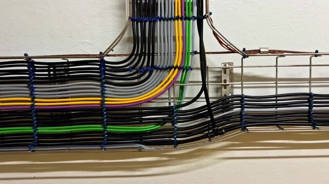 A detailed view of multicolored electrical cables organized neatly on a wall-mounted tray. Ideal for showcasing modern electrical installations or industrial design concepts.