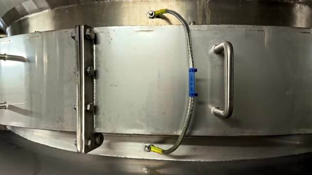 A metal clamp with a blue tag secures a pipe in an industrial setting. The scene highlights precision engineering. Suitable for manufacturing or engineering content.