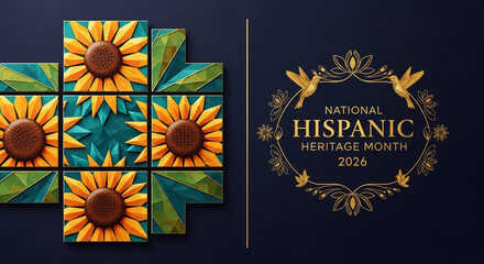 Fototapeta premium Geometric sunflower mosaic and golden ornate frame with hummingbirds, representing National Hispanic Heritage Month, suitable for festive or cultural themes