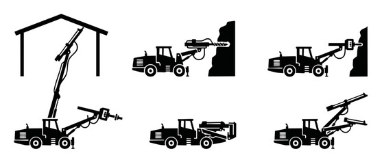 Fototapeta na wymiar Drilling Rig Machine Icon Set for Mining and Construction Industry. Heavy industrial machinery equipment silhouettes showing various drilling angles, positions and tunnel excavation work processes iso