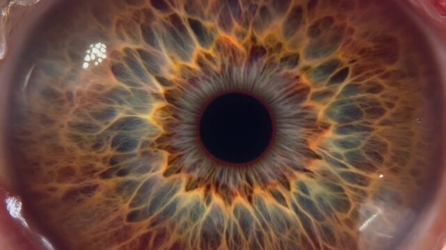 Cinematic extreme macro eye pupil dilation and iris detail, showing intricate patterns, for concepts of vision, perception, and human biology